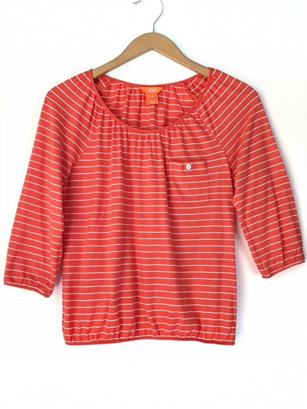 Joe Fresh Top Size S Orange White Stripe 3/4 Length Sleeves Button Pocket Tee